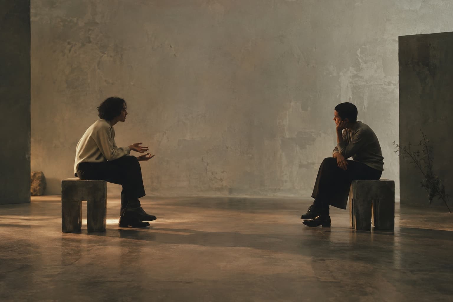 Two men seated apart on concrete stools in a bare, softly lit room, facing each other mid-conversation, one gesturing as he speaks and the other listening